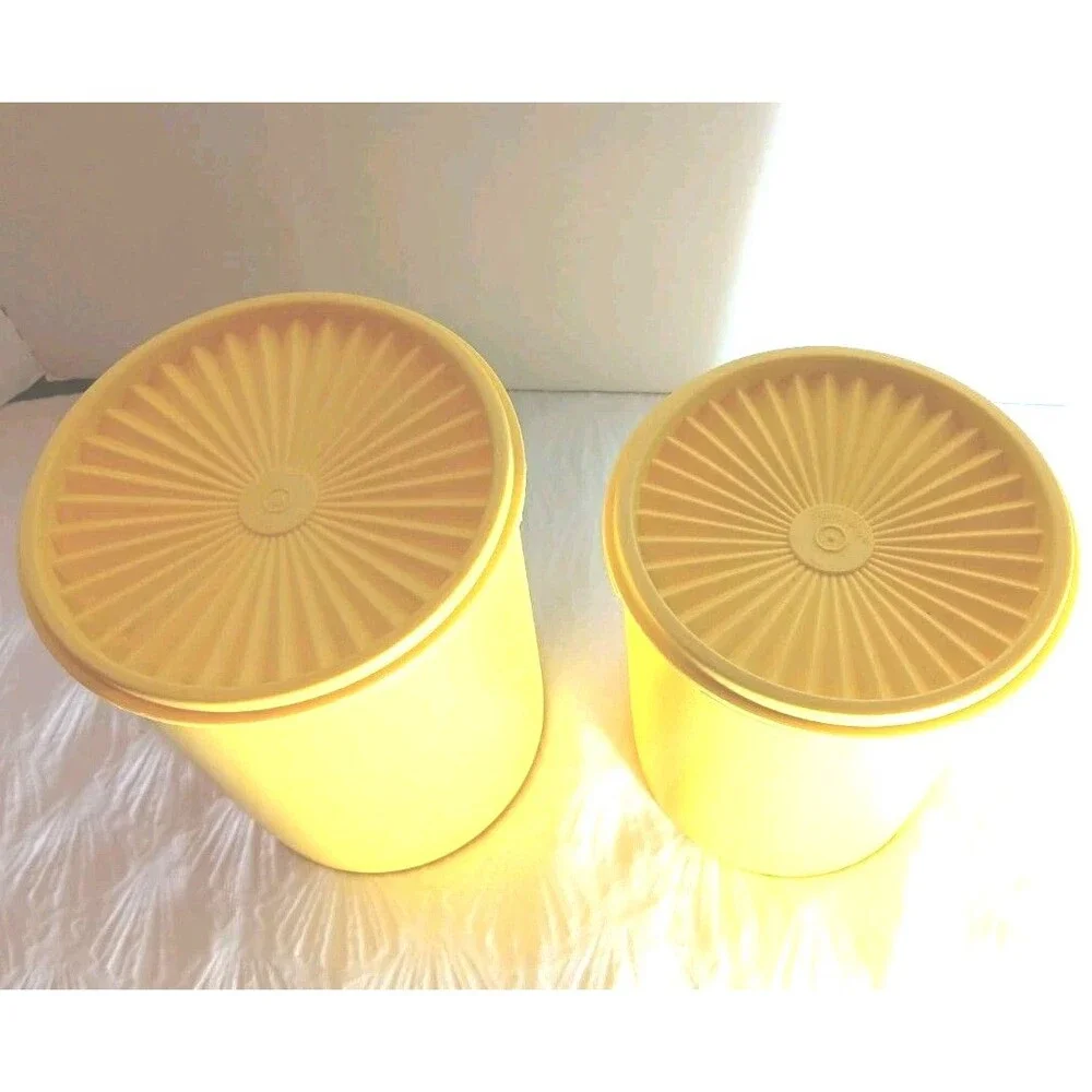 EXC VTG Tupperware Servalier Canister Set #809 & #807 Harvest Gold 70s Floral
